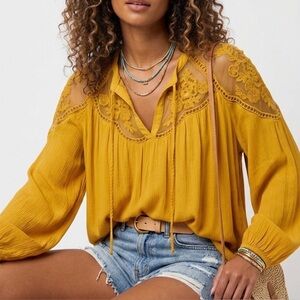 Hayden M/L Mustard Yellow Boho Split Sleeve Lace Embroidered Top